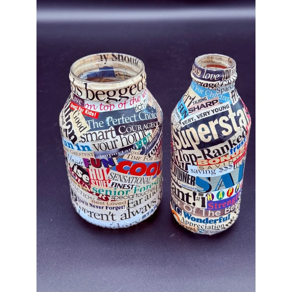 Vintage Decoupage Glass Bottle Set Ransom Note Typography Newspaper Collage 2pc